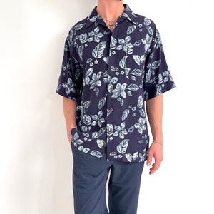 Vintage Men's Hawaiiana Silk Shirt in Navy Blue | Batik Floral Print Short Sleeve Shirt | Medium