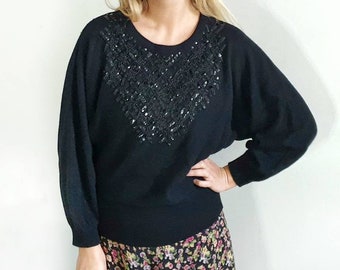 Vintage Embellished Black Wool Jumper