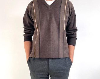 Vintage Gabicci Men’s V-neck Jumper | Dark Brown & Beige Smart Knit Sweater | X-Large