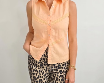 Vintage Pastell Pfirsich Leinen Bluse | Ärmelloses Sommer Shirt mit Spitzeneinsatz | Klein
