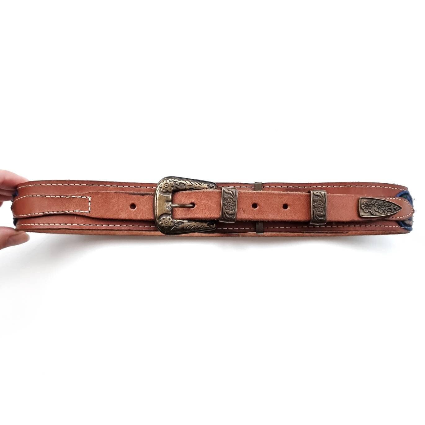 Vintage Boho Brown Leather Belt With Woven Textile & Brass  display picture 1