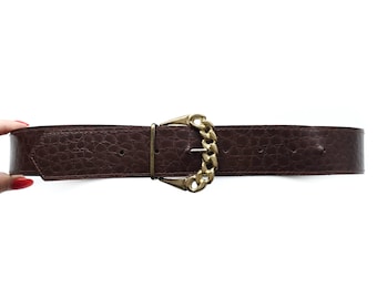 Vintage Dark Chocolate Brown Vegan Dress Belt With Brass Chain Design Buckle | Embossed Ladies Dress Belt | Small - Medium
