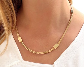 Vintage 18 Carat Gold Plated Chain Necklace w Geometric Detail | Flat Medium Gold Necklace w Charm Tabs | NEW Deadstock