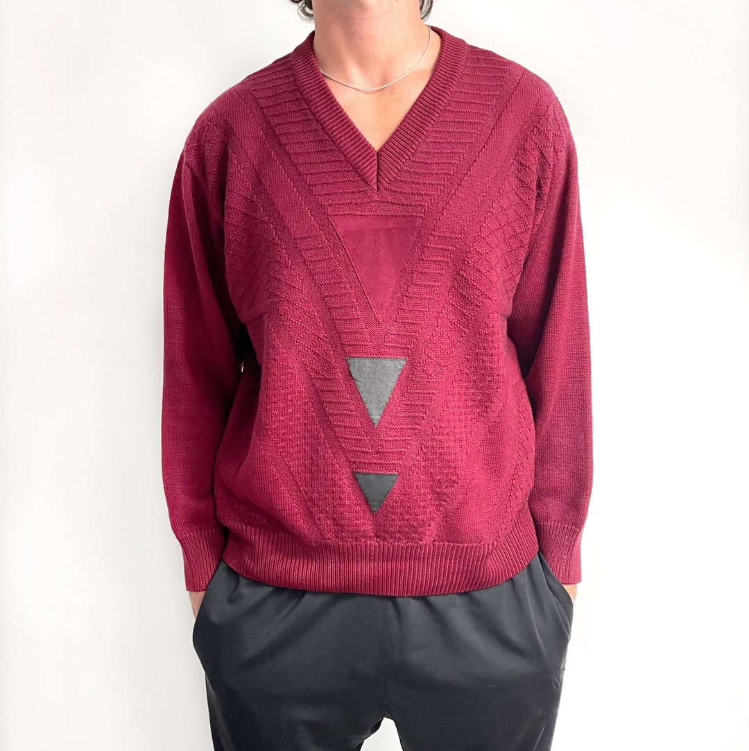 80s Vintage Mens Geometric Appliqué Jumper // Dark Red Merino Wool V