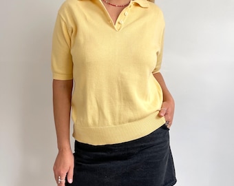 Vintage Yellow Cotton Knit Polo T-shirt Blouse |  Summer Top w Collar | Medium - Large
