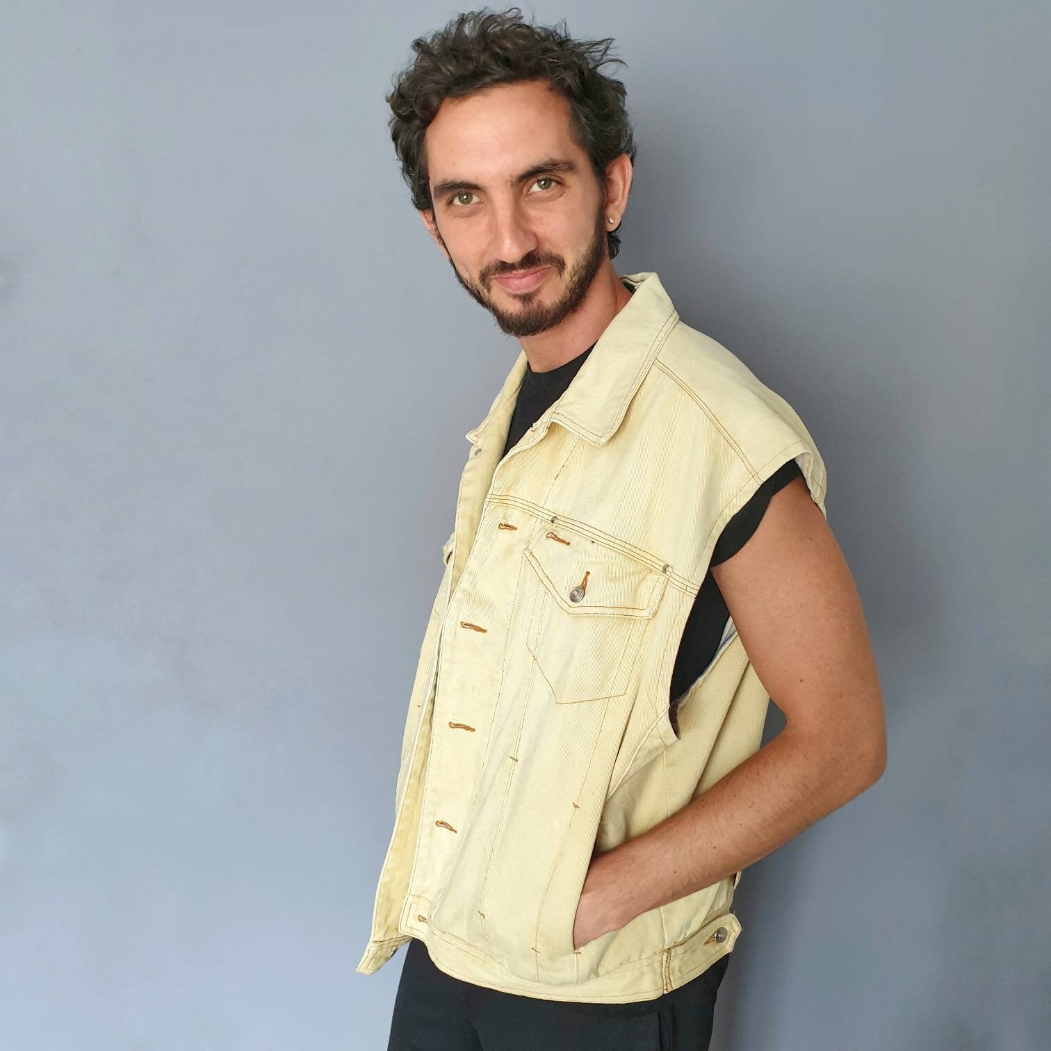 Image of Vintage Mens Jacket, Sleeveless Yellow Denim