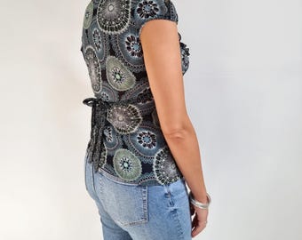 00's Vintage Jane Norman Georgette Print Blouse Y2K Black, Blue Green  Top Small
