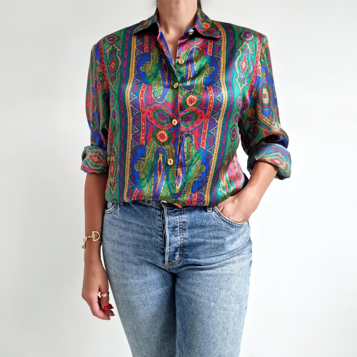 Vintage Bright Print Ladies Satin Silk Ladies Shirt | Paris Couture Blouse | Small - Medium | Made in France, foto 2 di 5