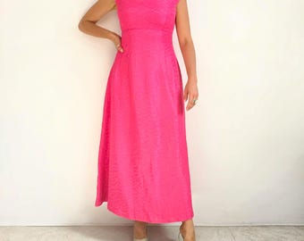 90s Vintage Hot Pink Velvet Strap Dress | Diagonal Cut Sexy Midi Summer  Dress | Small - Medium