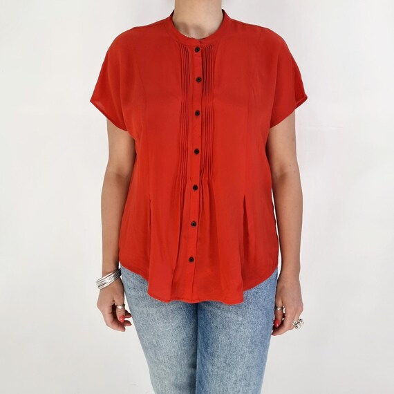 Vintage Tomato Red Silk Blouse w Pleats | Ladies Short Sleeve Shirt | Medium - Large
