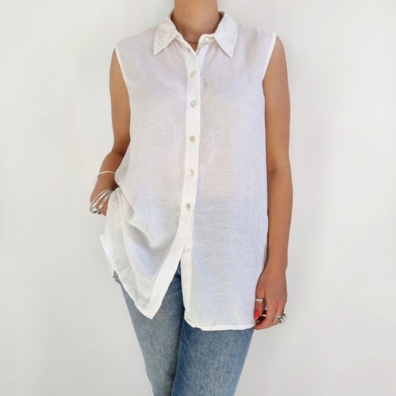 Cuello Chino Sin Cuello Camisa De Vestir Sin Mangas Blusa Sin