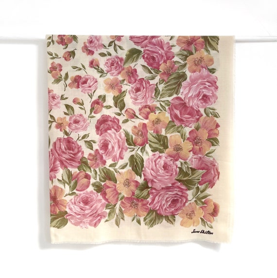 Vintage Pink & Cream Rose Print Shawl by Jane Shi… - image 1