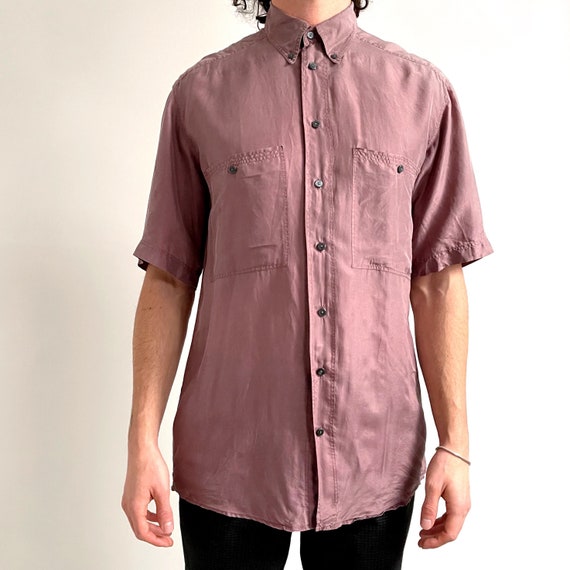 80's Men's Mauve Silk Shirt // Vintage Short Sleeve Summer