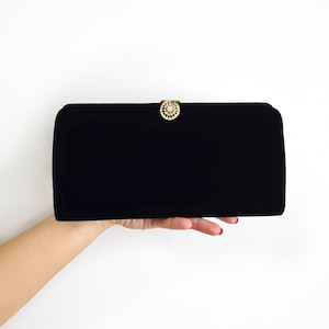 Bolso de mano vintage de terciopelo negro con cierre de diamantes de imitación dorados / Bolso de noche pequeño