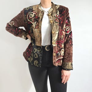 Vintage Indigo Moon Tapestry Patchwork Velvet Brown Jacket | Embroidered Sequin Blazer | Boho Statement Coat | Medium