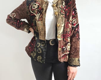 Vintage Indigo Moon Tapestry Patchwork Velvet Brown Jacket | Embroidered Sequin Blazer | Boho Statement Coat | Medium
