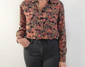Vintage blouse in bohostijl met paisleyprint | Damesshirt met lange mouwen in aardse kleuren, zwart en bruin | Klein - gemiddeld