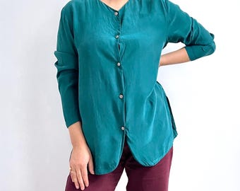 Vintage Teal Silk Blouse | Dark Green Minimalist Ladies Long Sleeve Shirt | Large