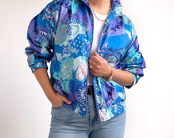 80s Vintage Aqua, Blue & Purple Seashell Print Tracksuit Top | Ladies Bright, Funky Print Sporty Jacket | Small - Medium