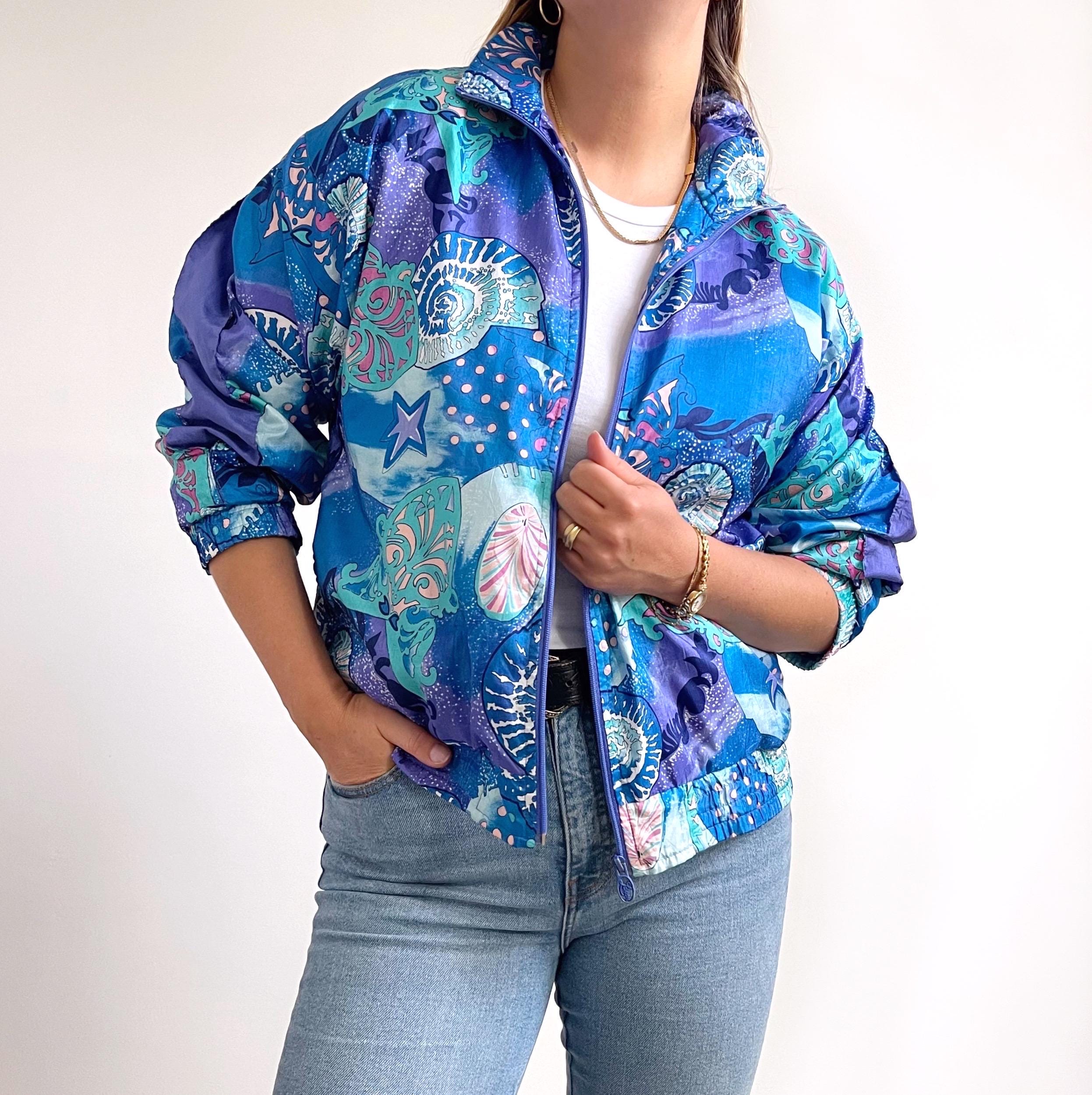 80s Vintage Aqua, Blue & Purple Seashell Print Tracksuit Top