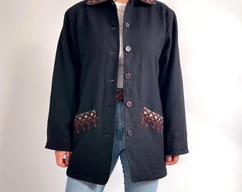 Abrigo corto de lana azul marino vintage con detalle bordado / Chaqueta de invierno estilo bohemio y folclórico para mujer / Grande