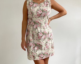 Mini vestido floral vintage / Vestido de mezclilla con estampado de flores pastel de los años 80 / Mediano - grande