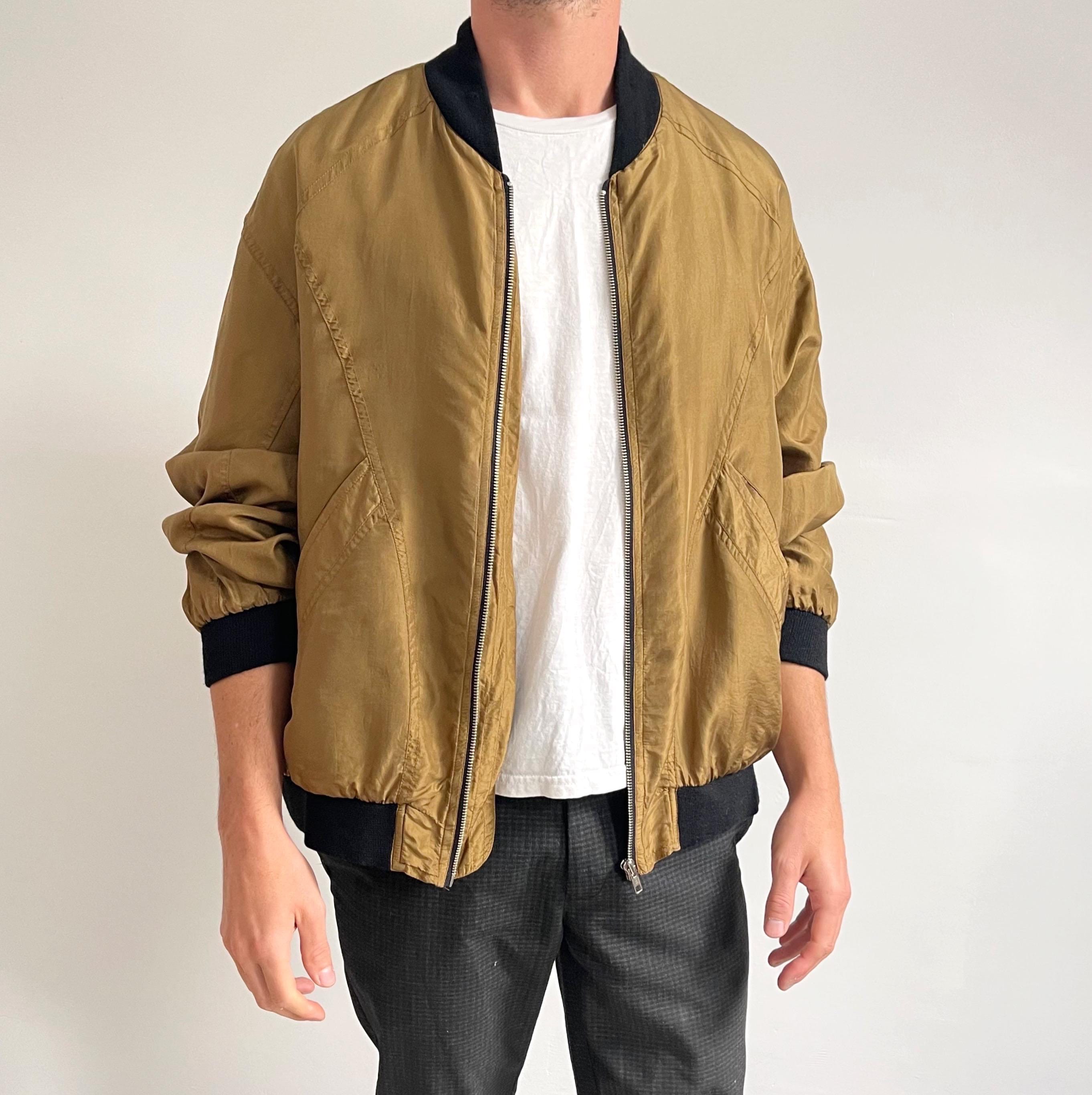 80s Vintage Mustard Gold Mens Silk Bomber | Unisex Light