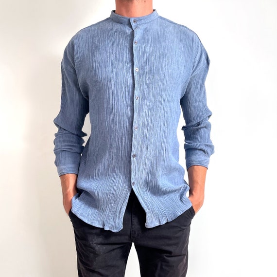 Vintage Mens Denim Blue Crinkle Shirt Long Sleeve Casual Creased