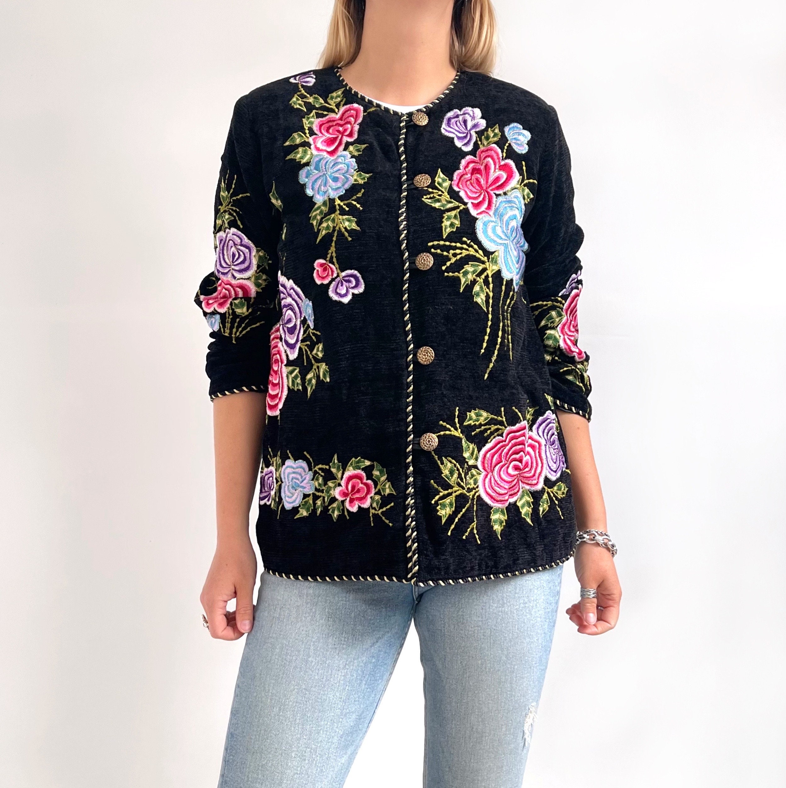 Vintage Indigo Moon Embroidered Blazer | Black Velvet Ladies Vintage Indigo Moon Embroidered Blazer | Black Velvet Ladies