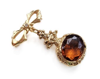 Vintage Bow Drop Brooch in Gold & Brown Glass Gemstone | Fancy Pin | Brand NEW