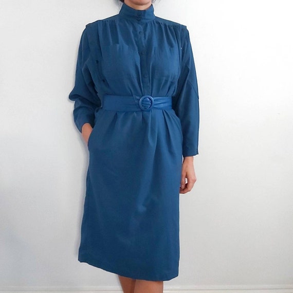 70 s Vintage BHS Navy Utility Dress Blue Long Sleeve Midi Shirt Dress Medium Etsy Canada