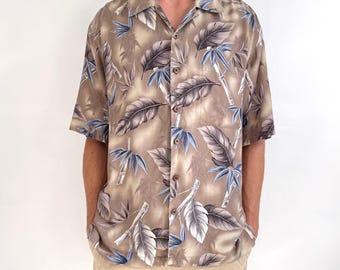 Vintage Beige & Blue Mens Hawaiiana Print Silk Shirt | Short Sleeve Floral Summer Shirt | Medium - Large
