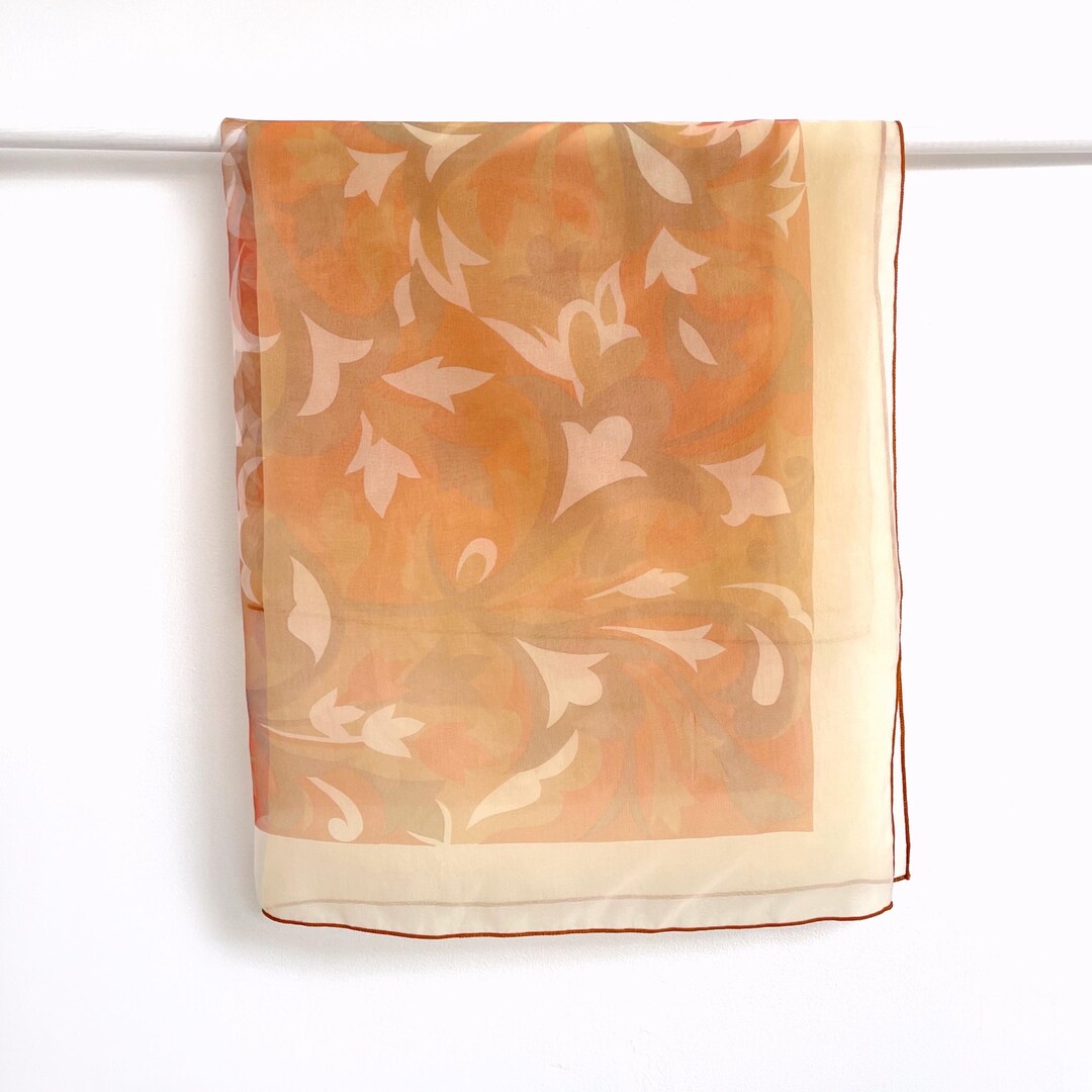 Nilon Scarf 70s Vintage Nylon Scarf in Pastel Cream, Brown & Orange Motif Print - Etsy
