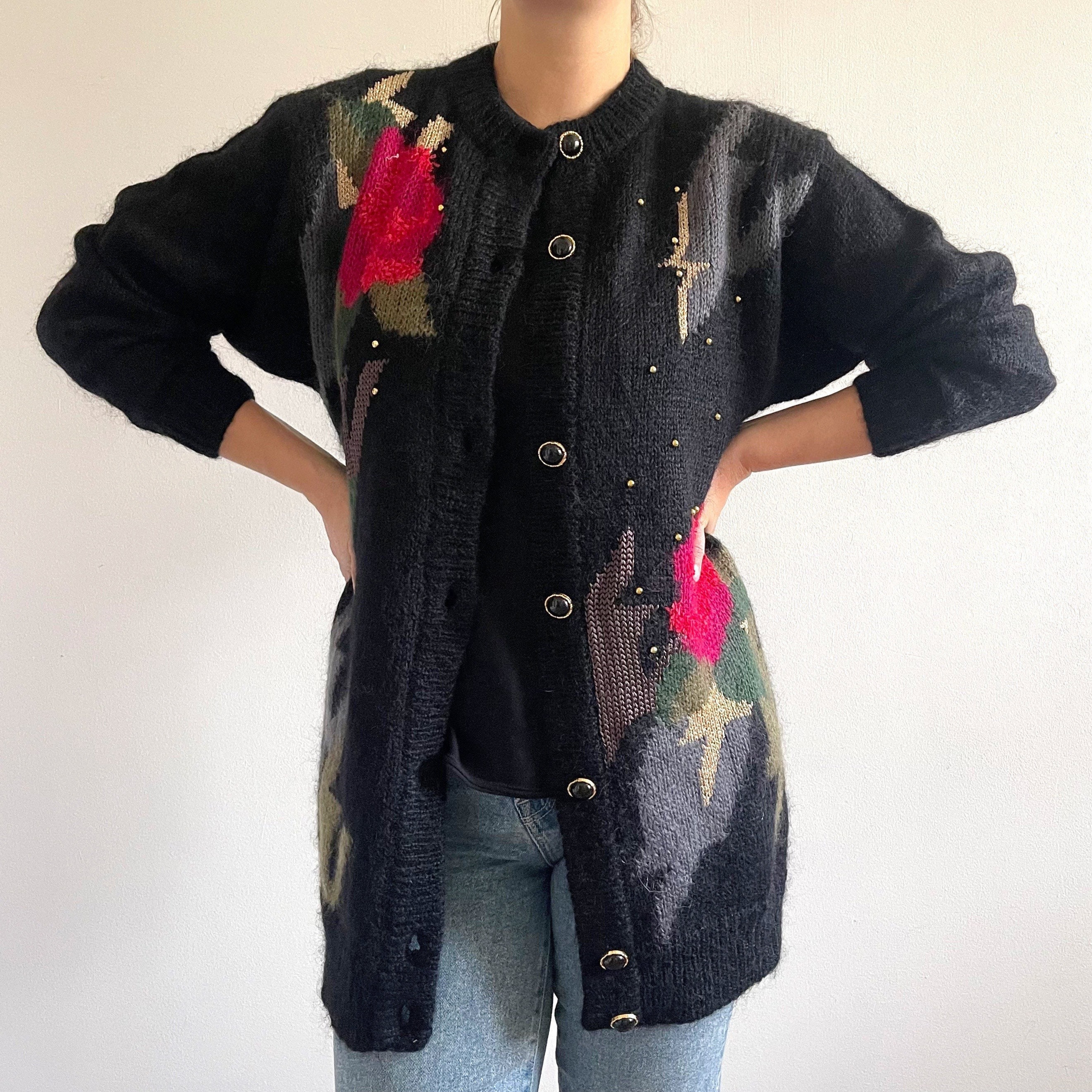80s Vintage Black Long Mohair Cardigan With Red Roses // - Etsy Canada