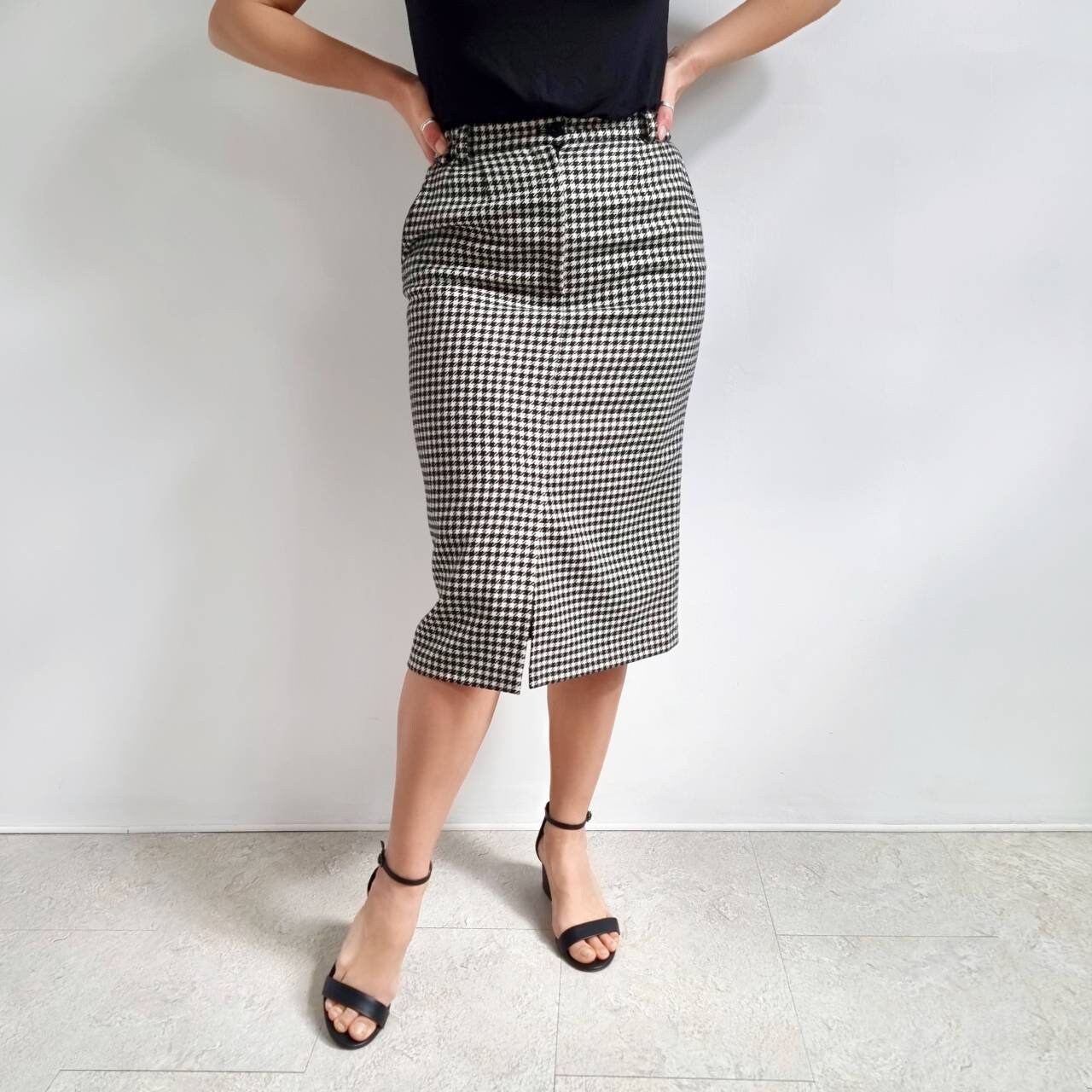 Vintage Houndstooth Wool Midi Skirt W Pockets Smart Black & White  