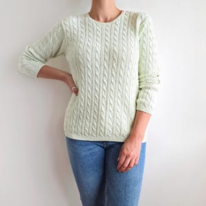 Vintage Ladies Pastel Green Jumper | Cable Knit Cotton | Small - Medium | Made in UK