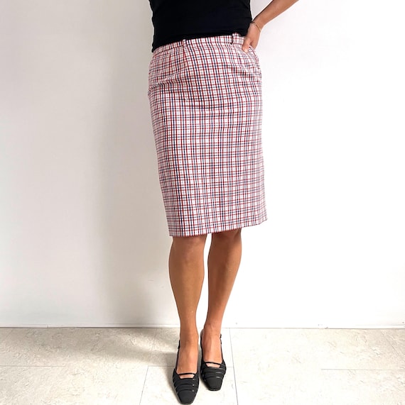 Vintage AQUASCUTUM Red, Blue White Check Pencil Skirt Straight