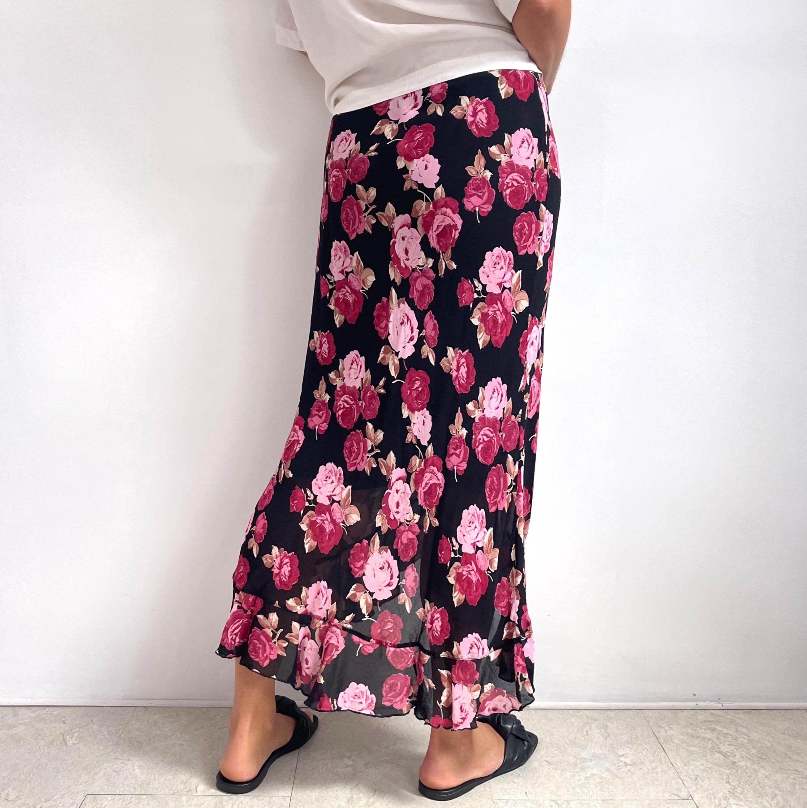 00s Vintage Rose Print Frilly Long Skirt | Y2K Asymmetrical Ruffle 