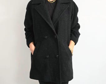 90's Vintage Charcoal Black Short Wool Coat | Ladies Classic