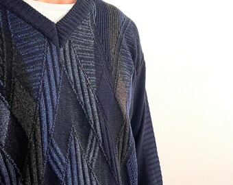 Pull grand-père bleu vintage pull Taille M col en v motif tricoté