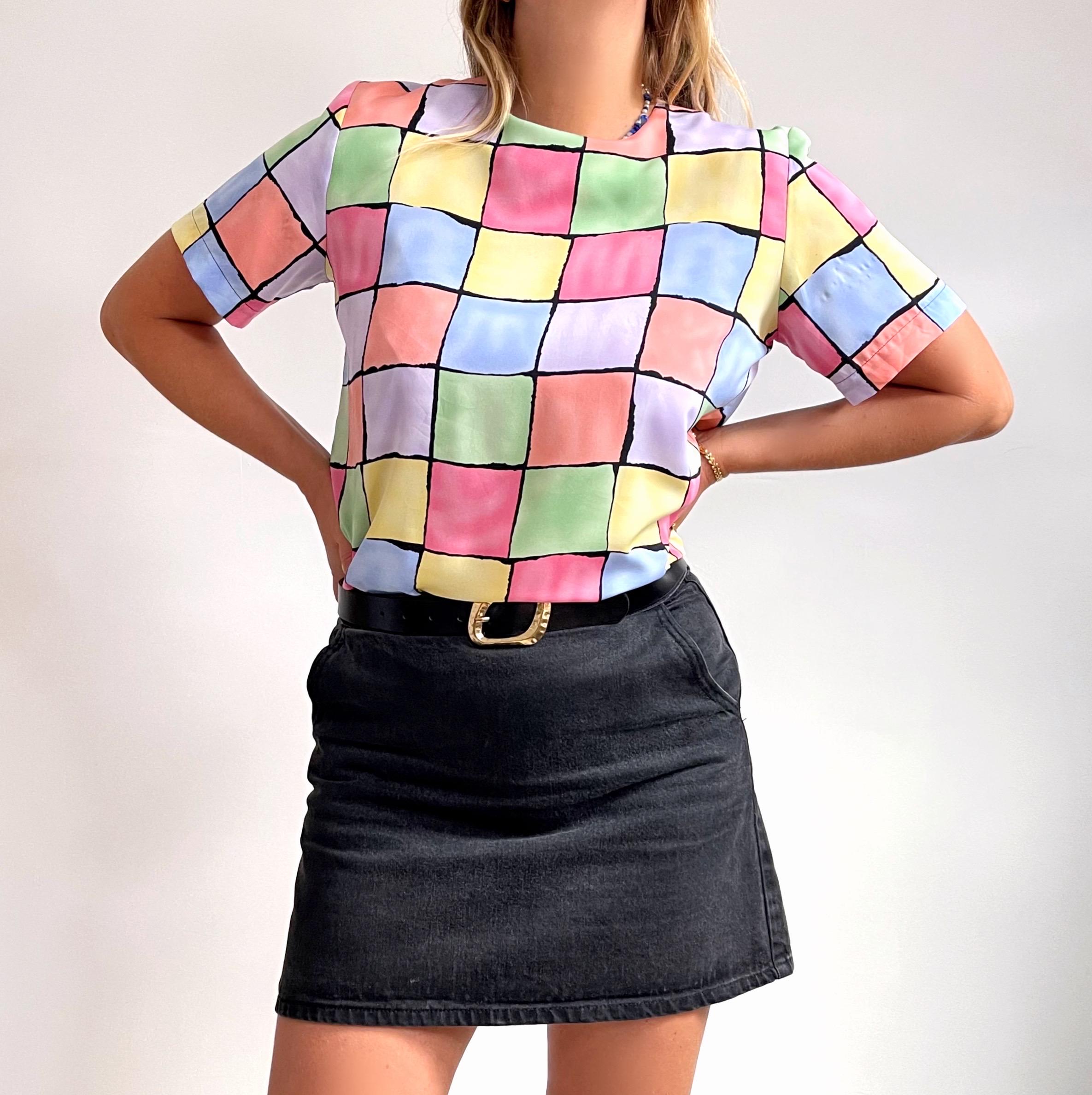 Vintage Pastel Rainbow Check Blouse | Bright, Short Sleeve Summer 