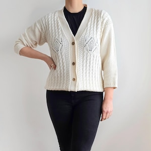 Vintage Ladies Off-White Cardigan | V-Neck Cotton Button Up Jumper | Small - Medium | Made in England