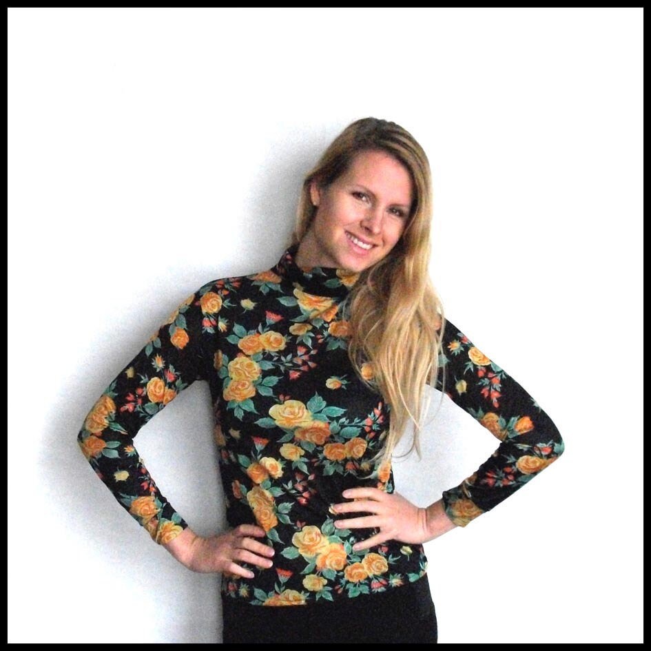 Image of Vintage Rose Print Turtleneck Top - Mustard Yellow Roses On Black Ground