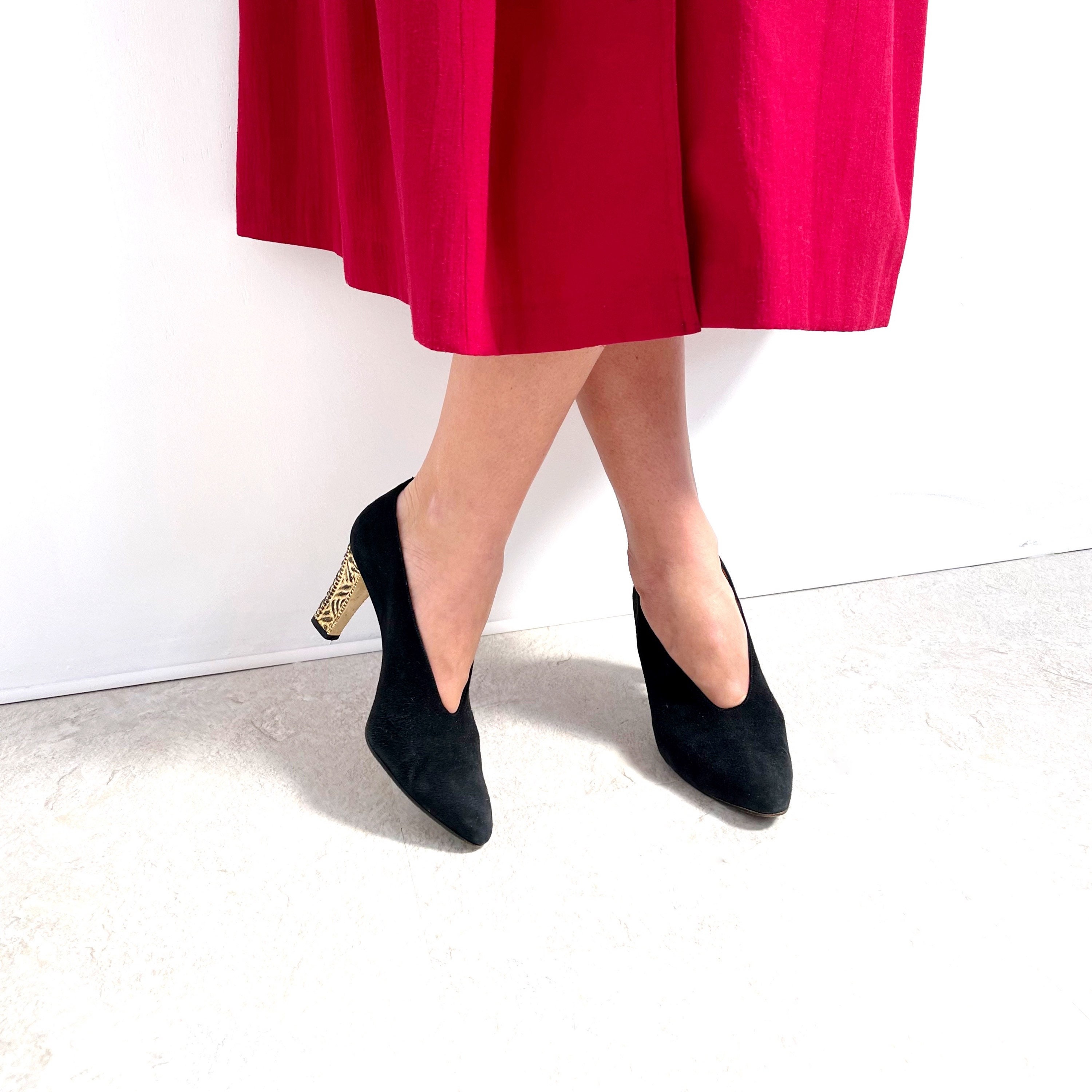 Vintage BALLY Ladies Heel Pump Shoes // Black Suede u0026 Gold - Etsy Norway