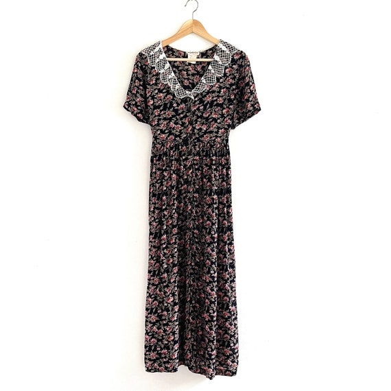 90's Dark Floral Maxi Dress // Lace Collar Button… - image 2