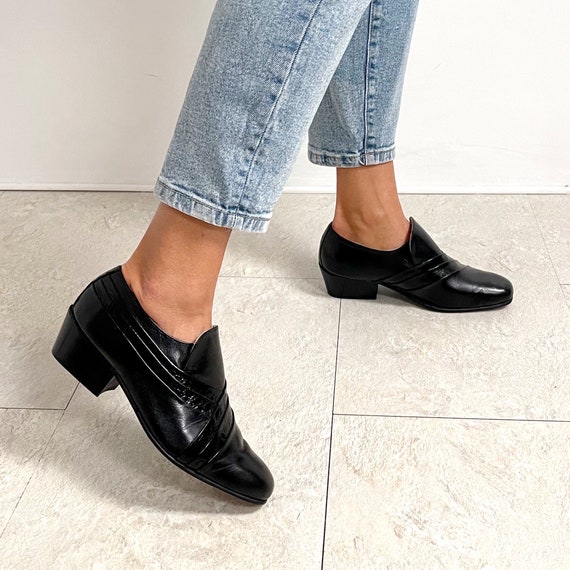 Vintage Black Leather Unisex Loafers | Cuban Heel… - image 2