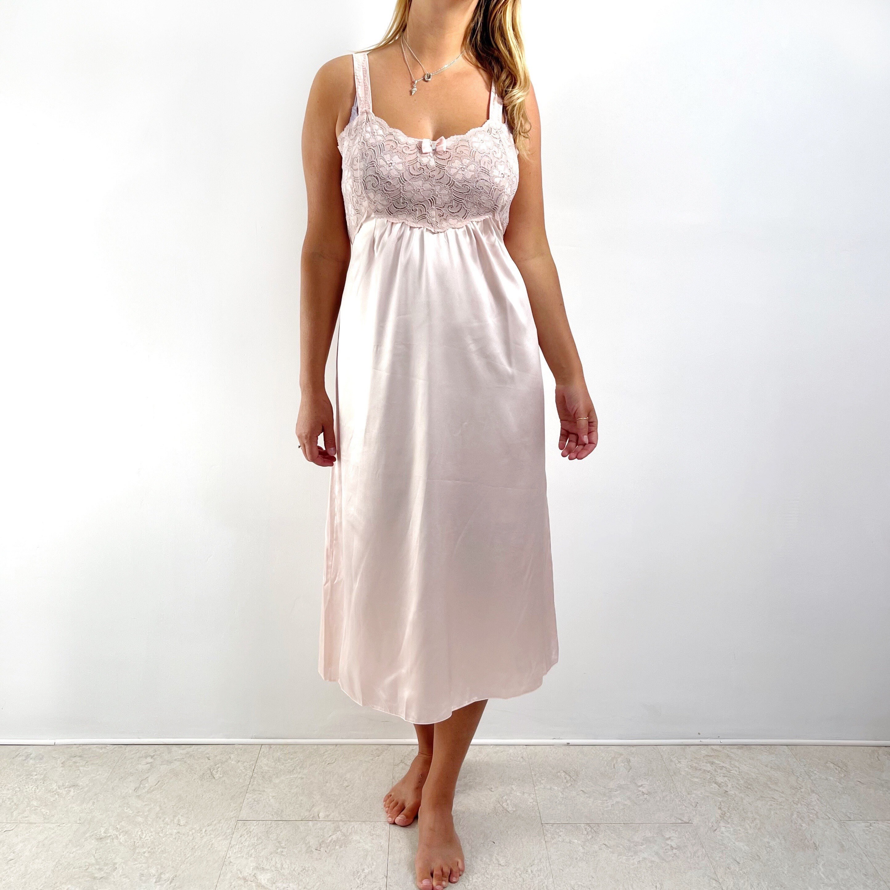 Vintage Dusty Pink Nightie | Satin & Lace Maxi Strap Nightgown 