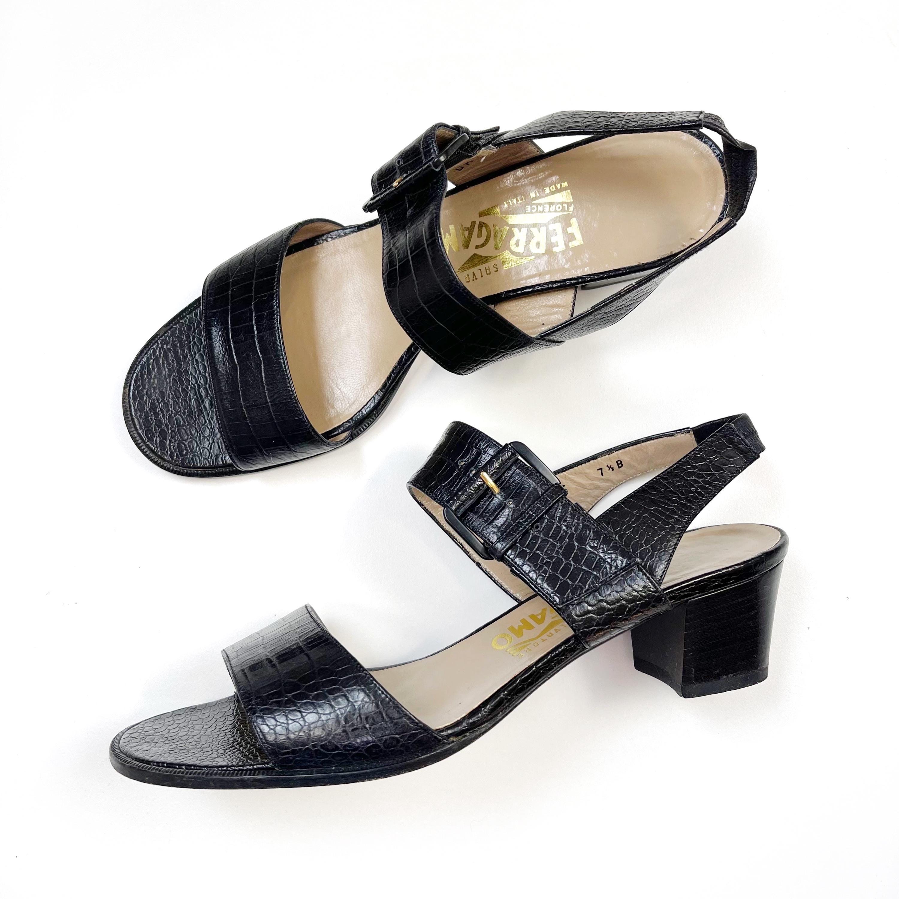 Vintage SALVATORE FERRAGAMO Black Faux-croc Wide Strap Sling Back