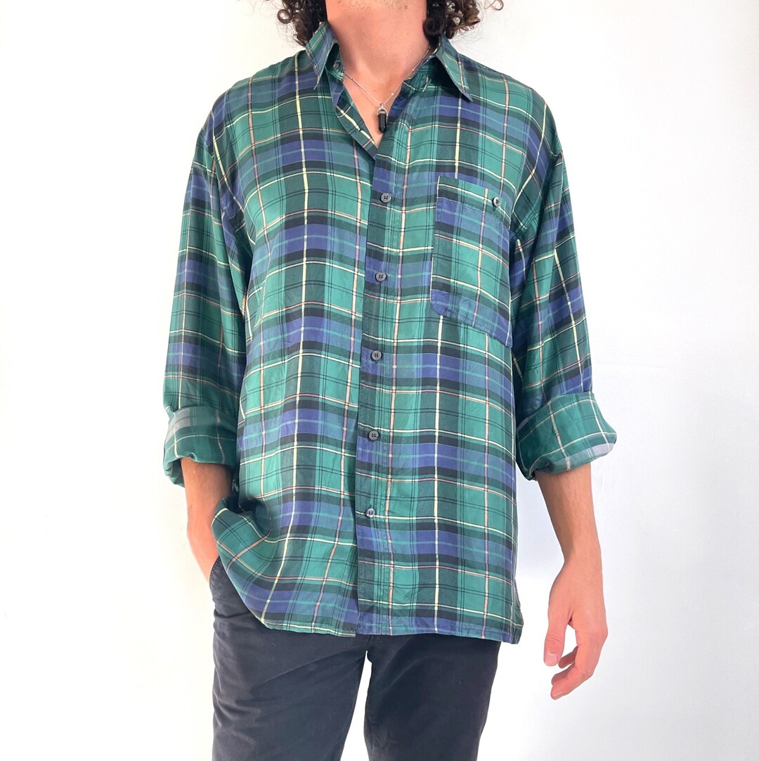 Vintage Mens Long Sleeve Silk Shirt Navy Green Check Print Shirt Large