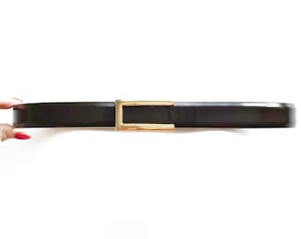 Vintage Dark Brown Glossy Leather Belt With Gold Buckle | Minimalist Smart Belt | Small | Made in Italy